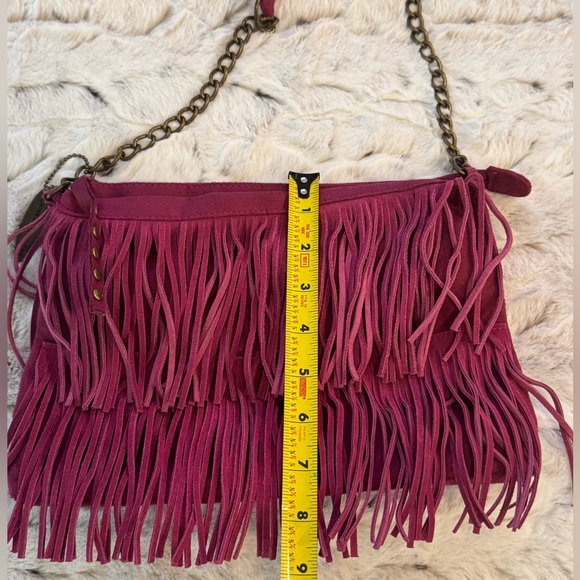 Chinese Laundry Fuchsia, Suede Leather, Chain Strap, Fringe Purse- 11”x8”x2.5” - Picture 10 of 16